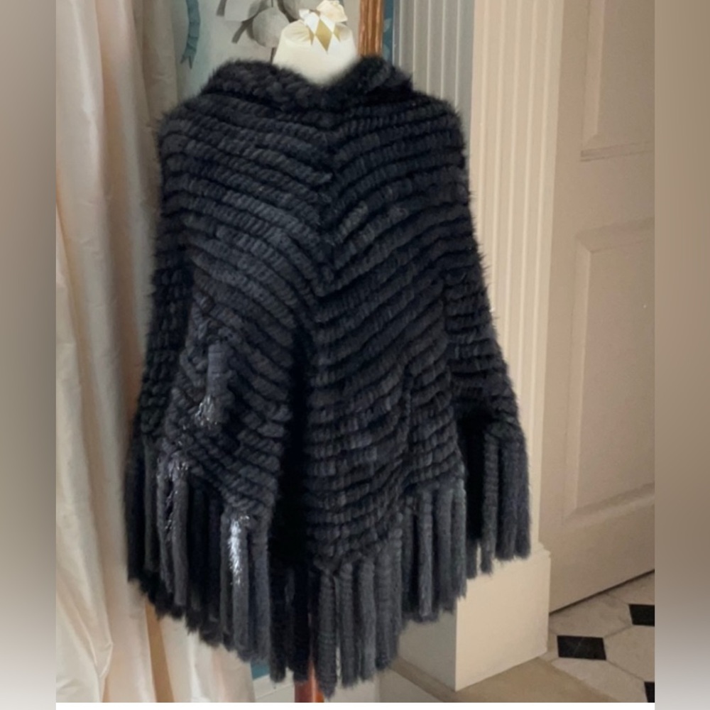 Elegant Dark Grey Genuine Mink Fur Hooded Poncho w/ Pockets